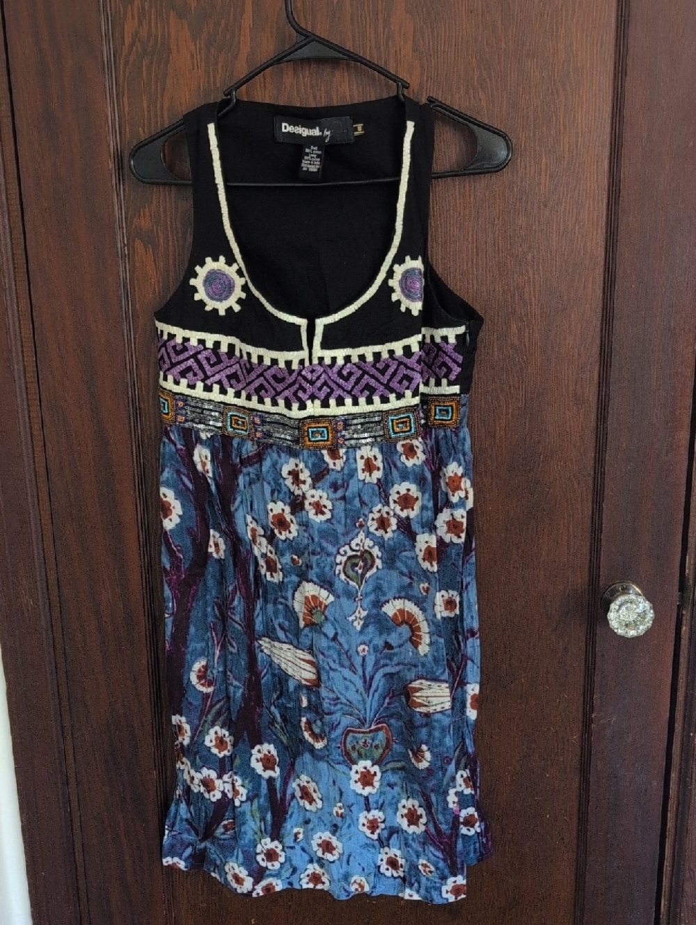 Desigual Black and Blue Floral Embroidered Mini Dress